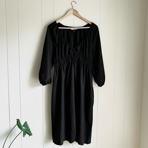 Universal Thread Black Linen Midi 3/4 Puff Sleeve Ruched Peasant Dress‎ … - Picture 2 of 10